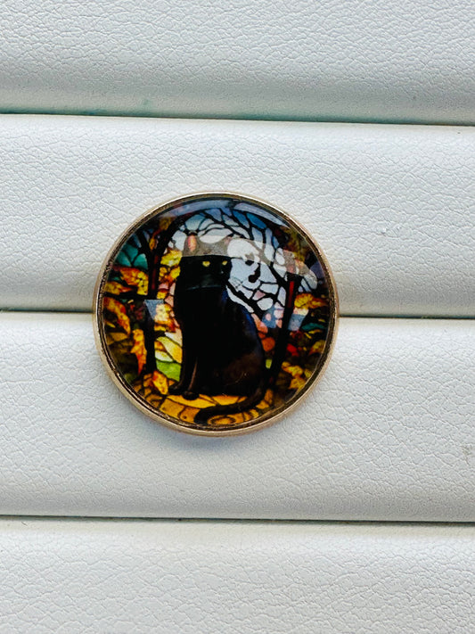 Stained Glass Black Cat Button – 22mm – Domed Glass & Gold-Tone Metal – Sold Individually